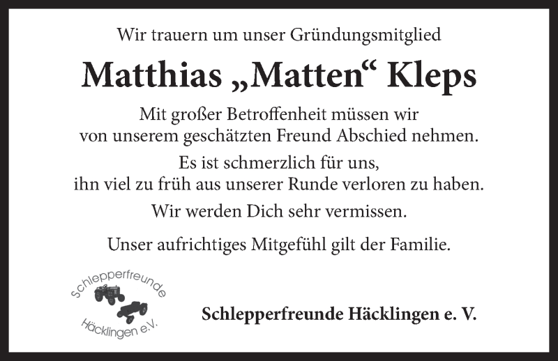 Traueranzeige für Matthias Kleps vom 16.06.2014 aus LZ