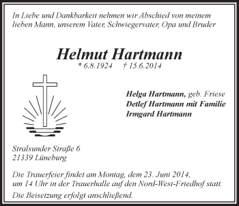 Anzeige von Helmut Hartmann von LZ