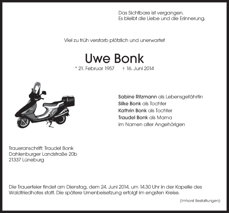  Traueranzeige für Uwe Bonk vom 20.06.2014 aus LZ