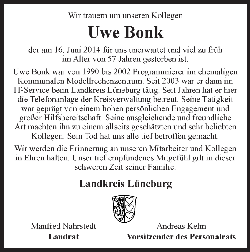  Traueranzeige für Uwe Bonk vom 21.06.2014 aus LZ
