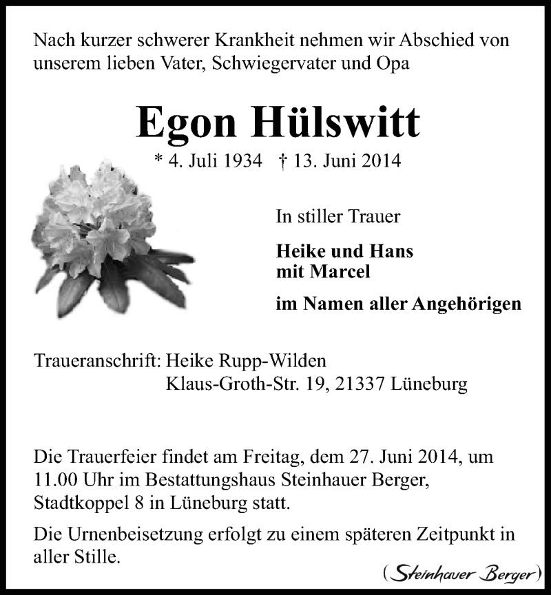  Traueranzeige für Egon Hülswitt vom 21.06.2014 aus LZ