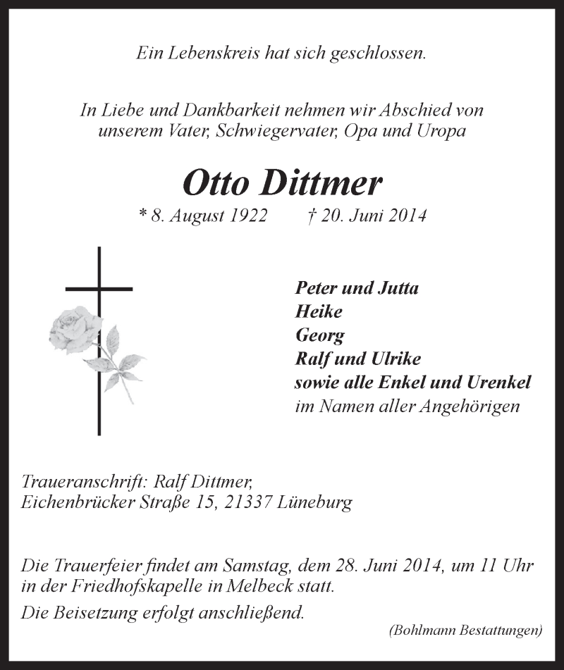  Traueranzeige für Otto Dittmer vom 24.06.2014 aus LZ