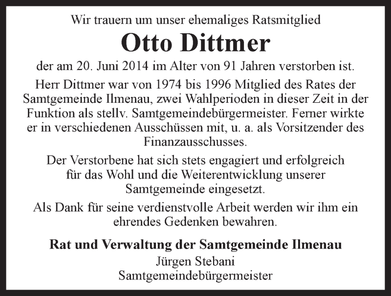  Traueranzeige für Otto Dittmer vom 24.06.2014 aus LZ