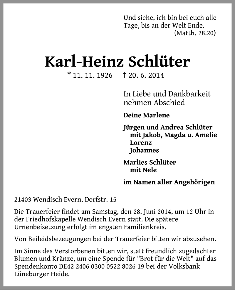  Traueranzeige für Karl-Heinz Schlüter vom 25.06.2014 aus LZ