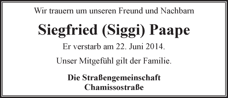  Traueranzeige für Siegfried Paape vom 25.06.2014 aus LZ