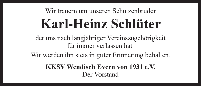  Traueranzeige für Karl-Heinz Schlüter vom 26.06.2014 aus LZ