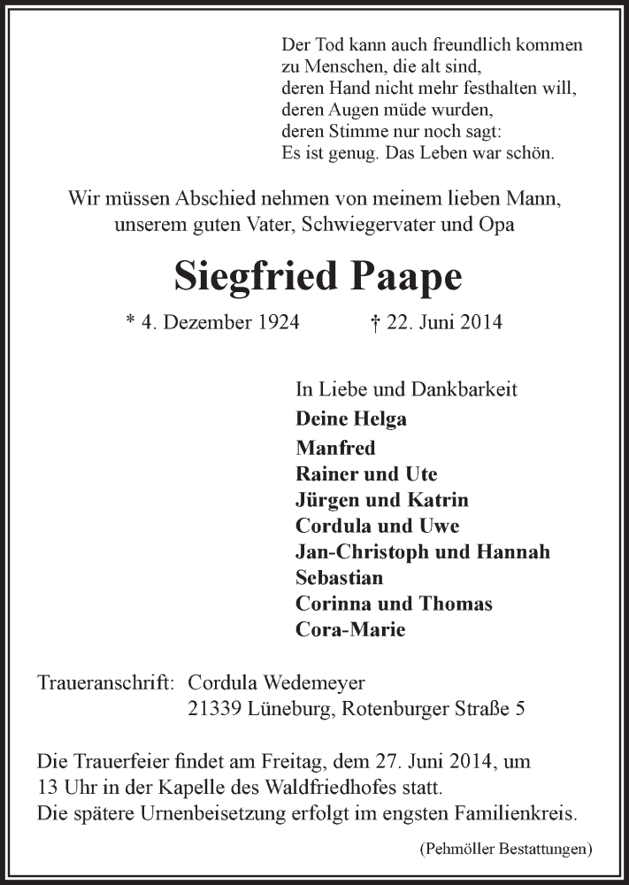  Traueranzeige für Siegfried Paape vom 25.06.2014 aus LZ