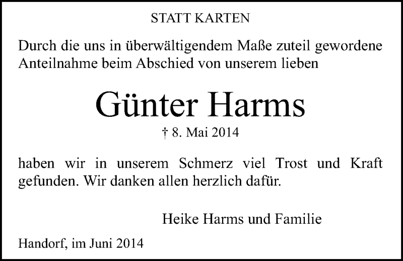  Traueranzeige für Günter Harms vom 27.06.2014 aus LZ