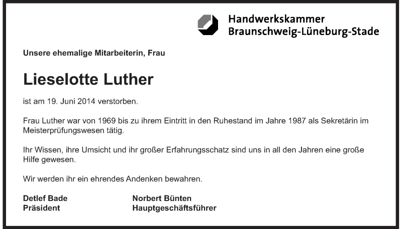  Traueranzeige für Lieselotte Luther vom 27.06.2014 aus LZ