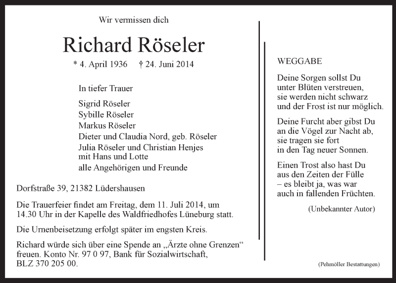  Traueranzeige für Richard Röseler vom 05.07.2014 aus LZ