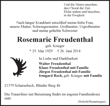 Anzeige von Rosemarie Freudenthal von LZ