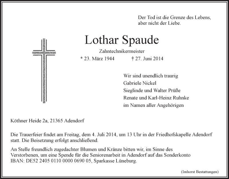  Traueranzeige für Lothar Spaude vom 01.07.2014 aus LZ