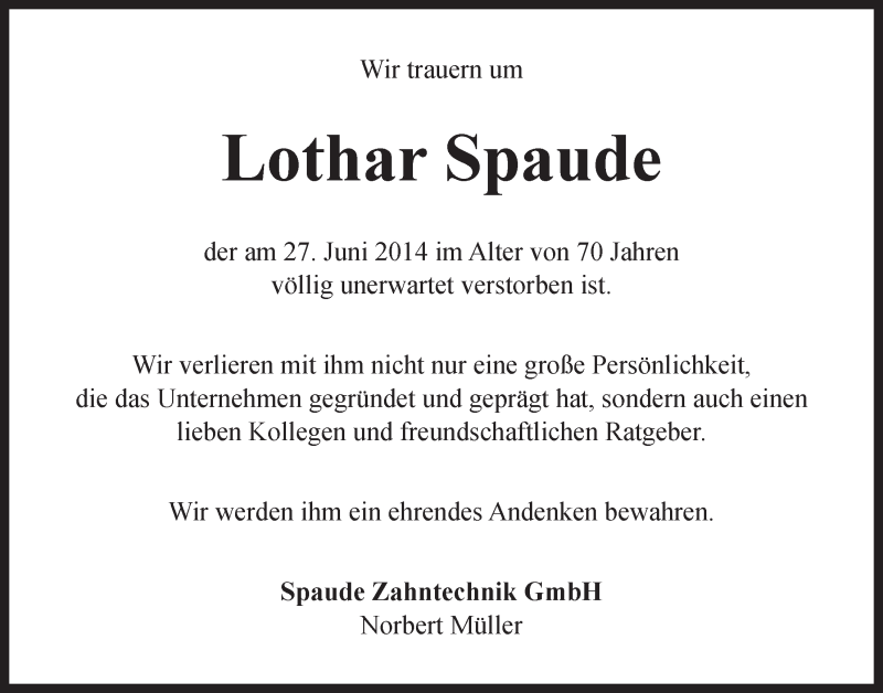  Traueranzeige für Lothar Spaude vom 02.07.2014 aus LZ