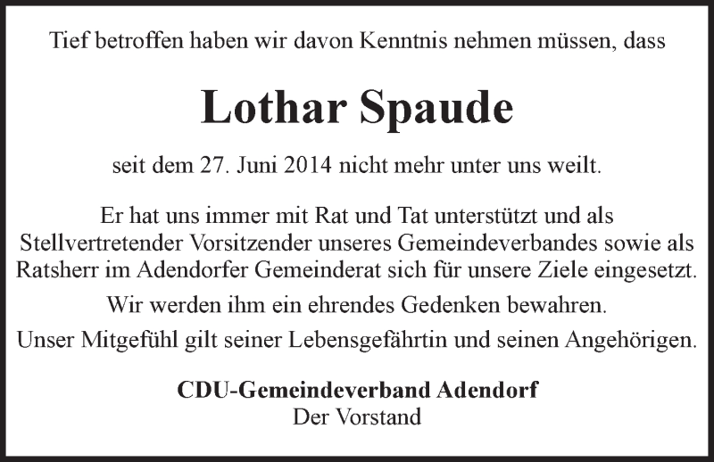  Traueranzeige für Lothar Spaude vom 02.07.2014 aus LZ