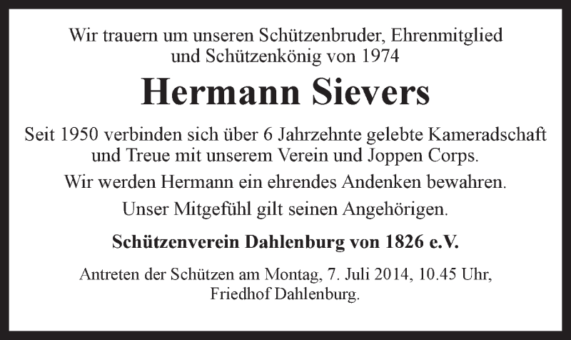  Traueranzeige für Hermann Sievers vom 05.07.2014 aus LZ