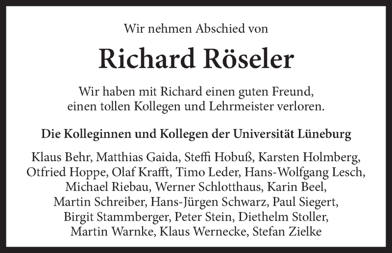  Traueranzeige für Richard Röseler vom 05.07.2014 aus LZ