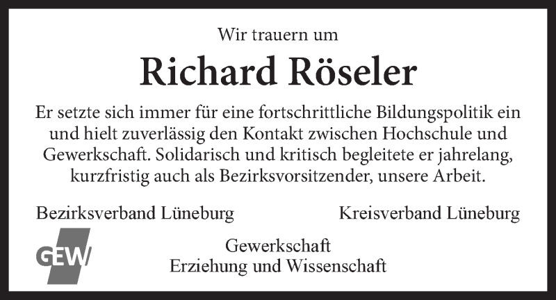  Traueranzeige für Richard Röseler vom 05.07.2014 aus LZ