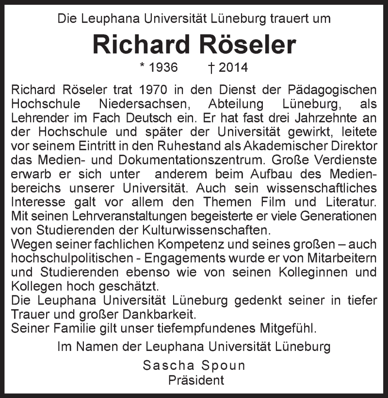  Traueranzeige für Richard Röseler vom 05.07.2014 aus LZ