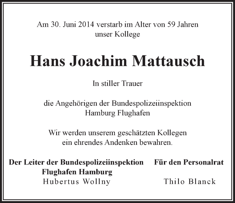  Traueranzeige für Hans Joachim Mattausch vom 11.07.2014 aus LZ