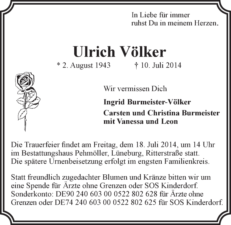  Traueranzeige für Ulrich Völker vom 15.07.2014 aus LZ