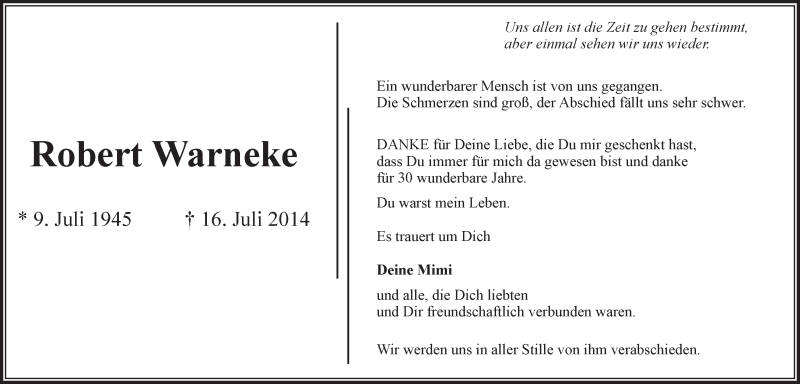  Traueranzeige für Robert Warneke vom 19.07.2014 aus LZ