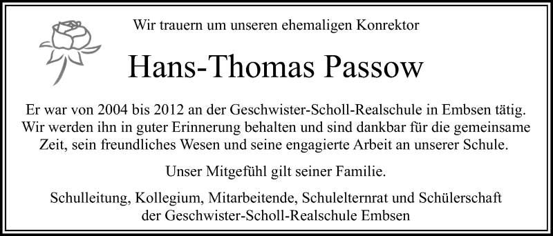  Traueranzeige für Hans-Thomas Passow vom 23.07.2014 aus LZ
