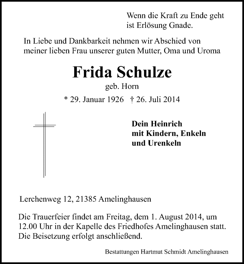  Traueranzeige für Frida Schulze vom 28.07.2014 aus LZ