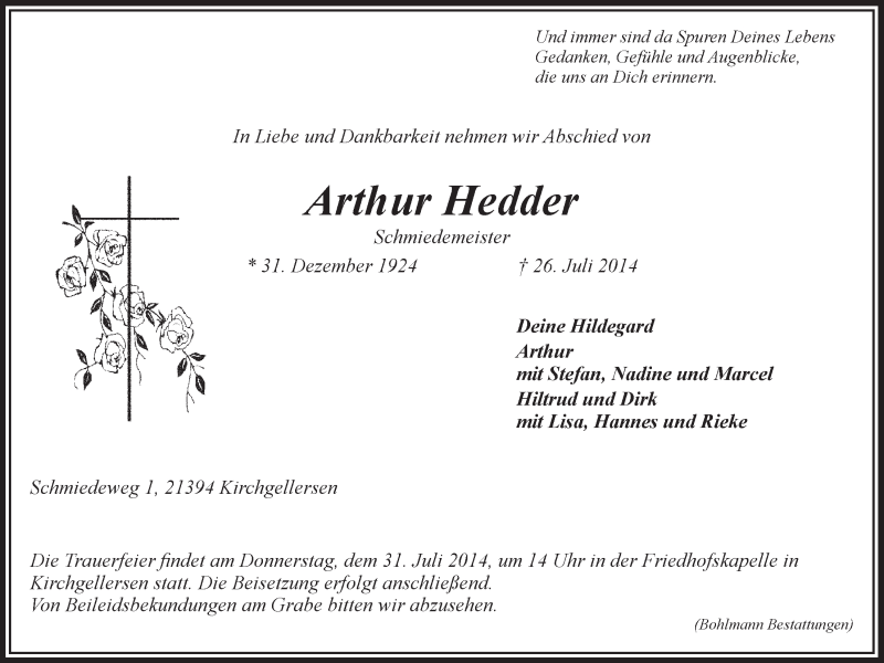  Traueranzeige für Arthur Hedder vom 29.07.2014 aus LZ