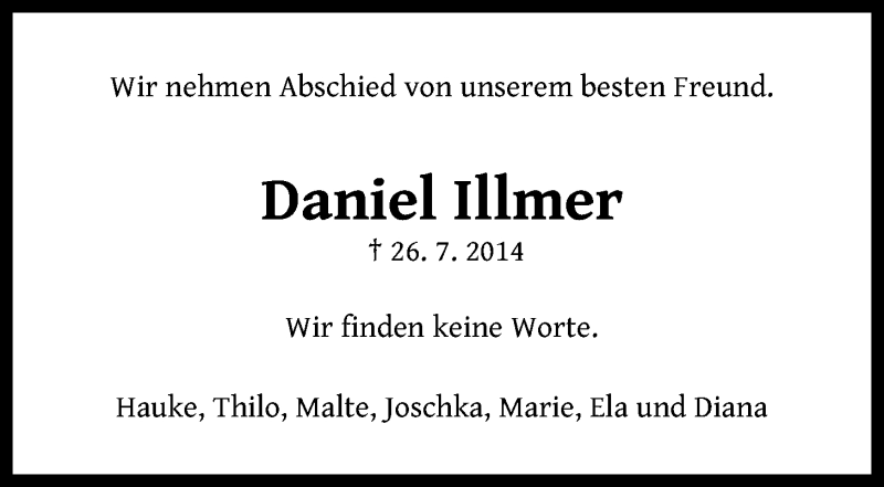  Traueranzeige für Daniel Illmer vom 01.08.2014 aus LZ