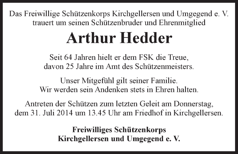  Traueranzeige für Arthur Hedder vom 30.07.2014 aus LZ
