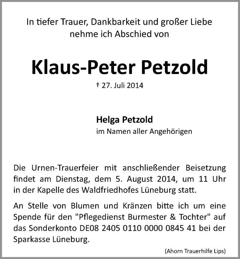  Traueranzeige für Klaus-Peter Petzold vom 30.07.2014 aus LZ