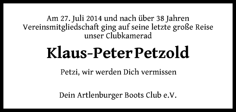  Traueranzeige für Klaus-Peter Petzold vom 31.07.2014 aus LZ