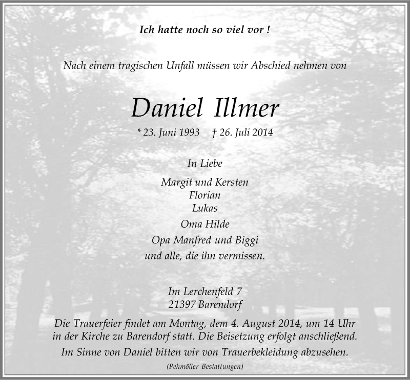  Traueranzeige für Daniel Illmer vom 01.08.2014 aus LZ