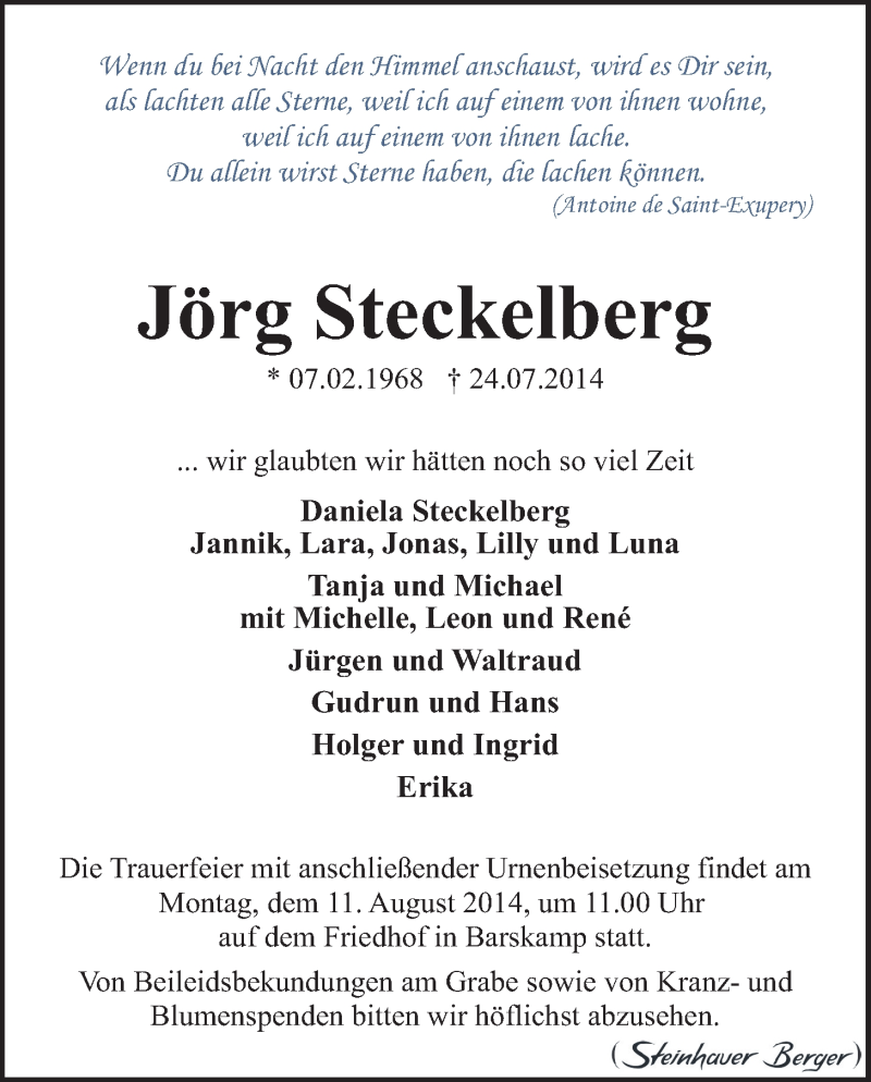  Traueranzeige für Jörg Steckelberg vom 06.08.2014 aus LZ