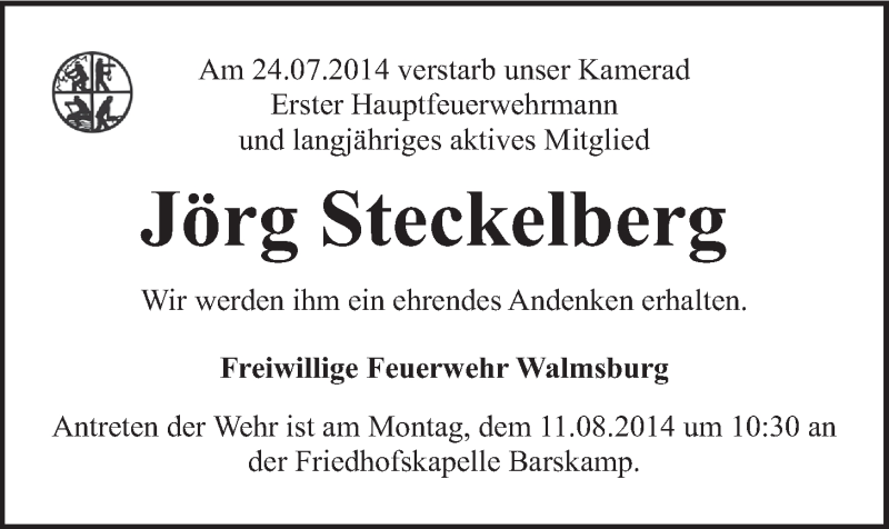  Traueranzeige für Jörg Steckelberg vom 06.08.2014 aus LZ