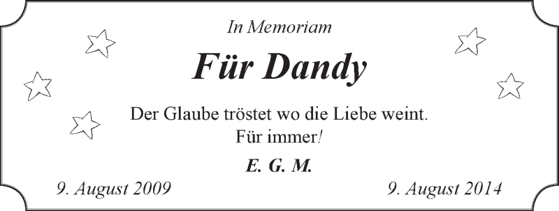  Traueranzeige für Dandy  vom 09.08.2014 aus LZ