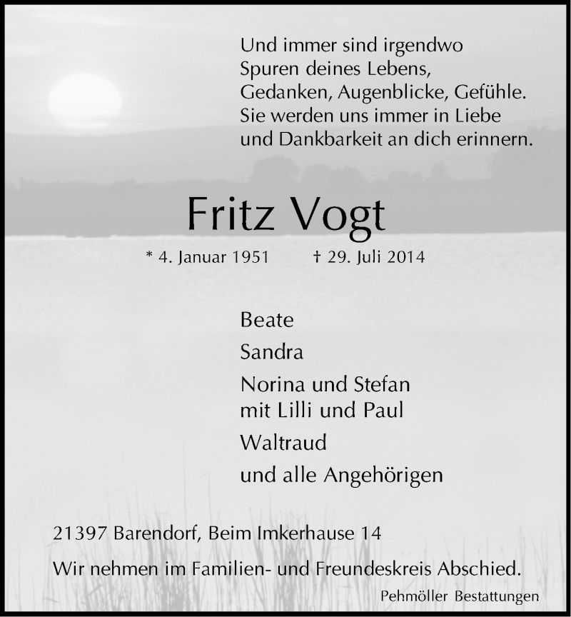  Traueranzeige für Fritz Vogt vom 09.08.2014 aus LZ