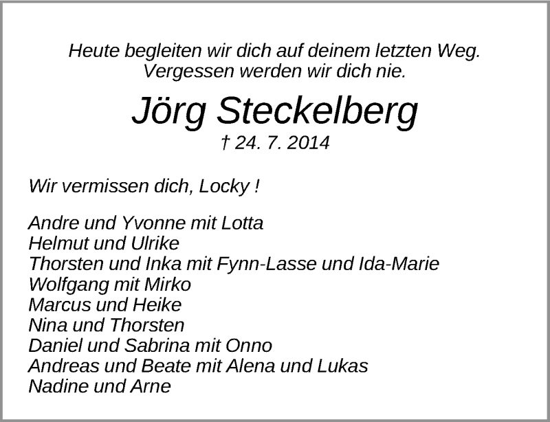  Traueranzeige für Jörg Steckelberg vom 11.08.2014 aus LZ