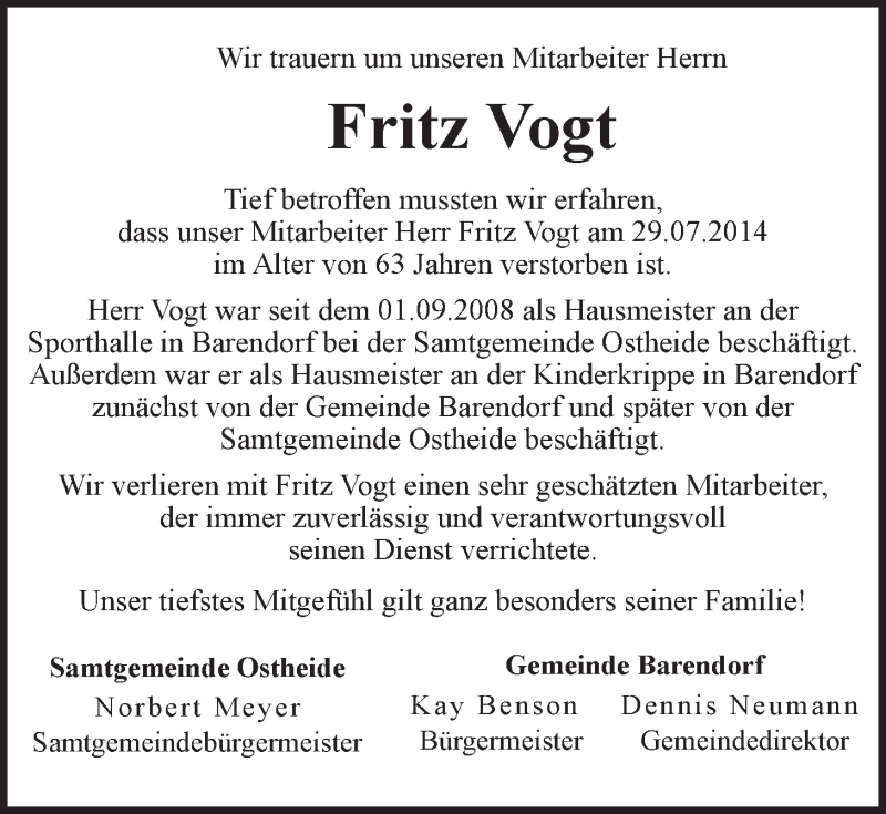 Traueranzeige für Fritz Vogt vom 09.08.2014 aus LZ