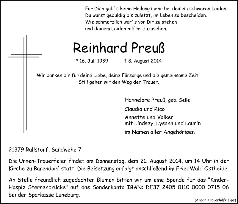  Traueranzeige für Reinhard Preuß vom 16.08.2014 aus LZ