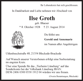 Anzeige von Ilse Groth von LZ