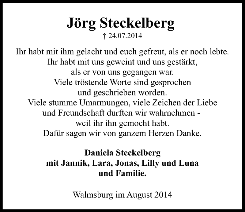  Traueranzeige für Jörg Steckelberg vom 27.08.2014 aus LZ