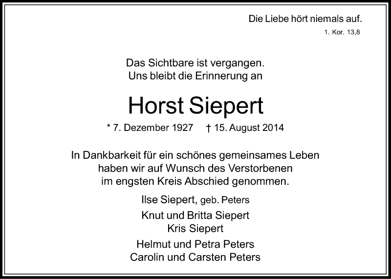  Traueranzeige für Horst Siepert vom 03.09.2014 aus LZ