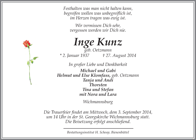  Traueranzeige für Inge Kunz vom 30.08.2014 aus LZ