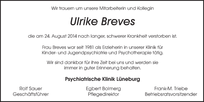  Traueranzeige für Ulrike Breves vom 04.09.2014 aus LZ