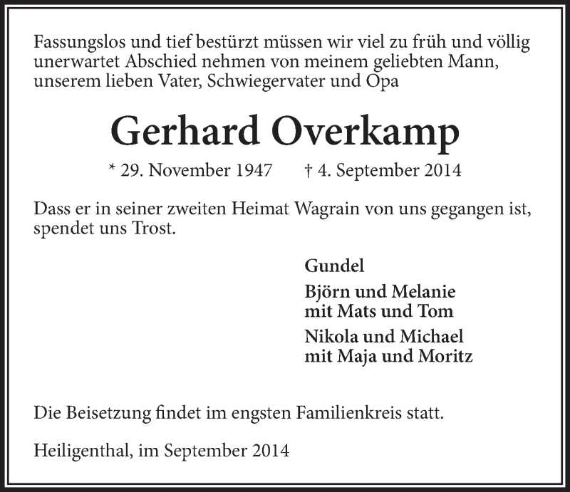  Traueranzeige für Gerhard Overkamp vom 11.09.2014 aus LZ