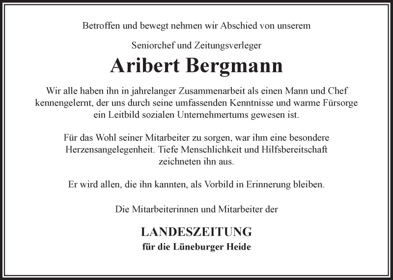  Traueranzeige für Aribert Bergmann vom 13.09.2014 aus LZ