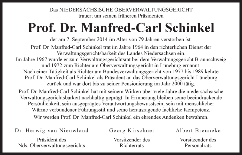  Traueranzeige für Manfred-Carl Schinkel vom 10.09.2014 aus LZ