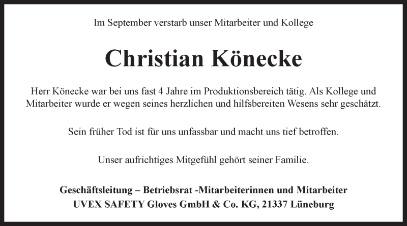  Traueranzeige für Christian Könecke vom 13.09.2014 aus LZ