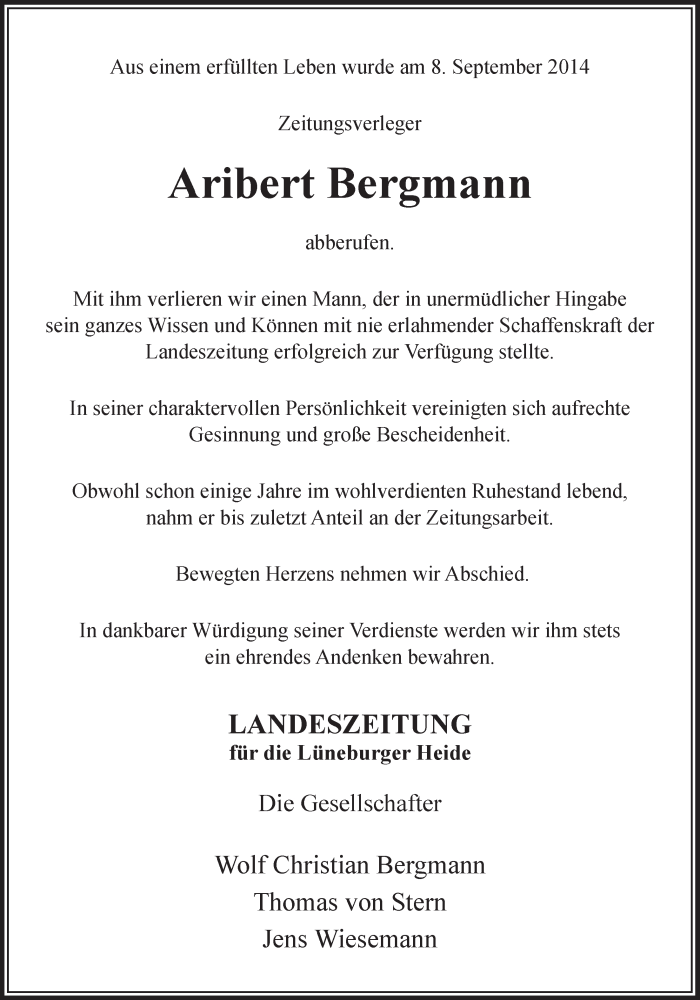  Traueranzeige für Aribert Bergmann vom 13.09.2014 aus LZ